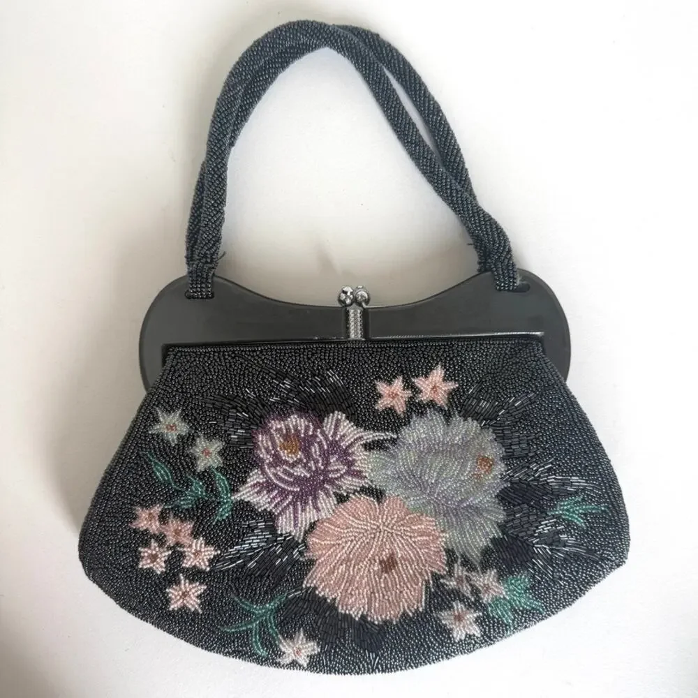 Vintage Black Floral Beaded Evening Bag Retro Glam 1950s Art Deco‎ Collectible